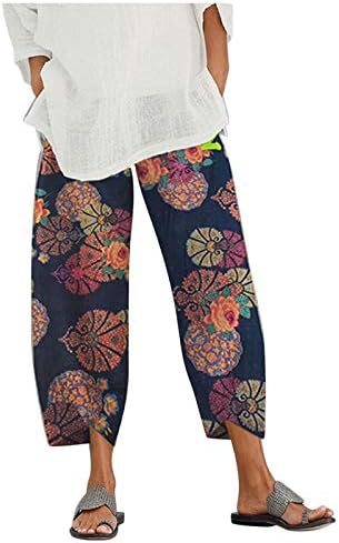Baggy Pamuk Keten Pantolon Kadınlar için Rahat Elastik Bel Yaz Boho Geniş Bacak Harem pantolon Vintage Kırpılmış Pantolon Cepler