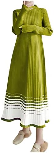 Oplxuo kadın Nervürlü Uzun Kollu Kazak Elbise Mock Boyun Slim Fit A-line Örme Midi Elbiseler Renk Blok Hem Tunik Kazak