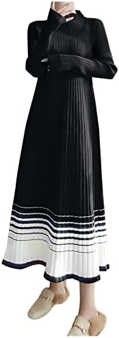 Oplxuo kadın Nervürlü Uzun Kollu Kazak Elbise Mock Boyun Slim Fit A-line Örme Midi Elbiseler Renk Blok Hem Tunik Kazak