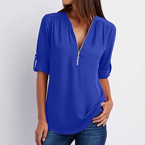 Kadın Kaflı Kollu Tunik Gömlek Yaz Zip Up V Boyun Üst Tişörtleri İş Rahat Çalışma Bluz Flowy Şifon T-Shirt