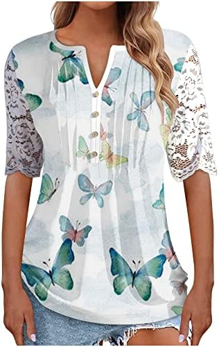 Kadın Dantel Kısa Kollu Üstleri Düğme V Boyun T Shirt Şık Rahat Çiçek Baskı Bluzlar 2023 Yaz Tunik Dışarı Çıkmak Üst
