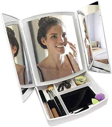 IdeaWorks Estelle-Depolama Tepsili Üç Katlı Katlanabilir Işıklı Ayna-4 Bölme-5X Büyüteç-Seyahat ve Depolama için Mükemmel