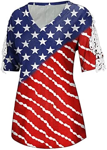 Bayan Bağımsızlık Günü V Boyun T Shirt Amerikan Bayrağı Baskı Kısa Kollu Nedensel Yaz Dantel Tee Tops