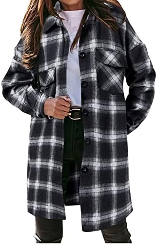 Sunaeı Tartan Mont Kadınlar için Büyük Boy Casual Yaka Ceketler Bluz Bayanlar Ekose Rahat Rahat Günlük Düğme Aşağı Midi Dış Giyim