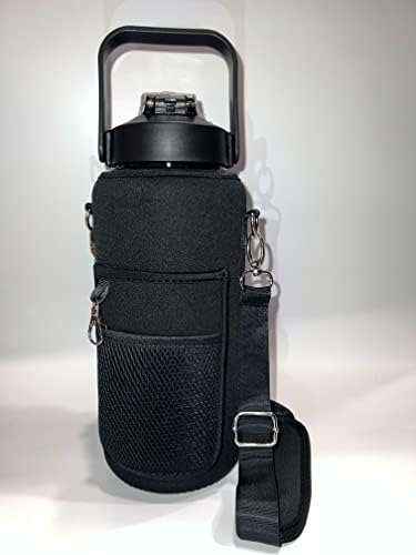 yarım galon 64 oz madde şişesi, kılıflı, pipetli ve zaman işaretli, BPA içermez (saf siyah)